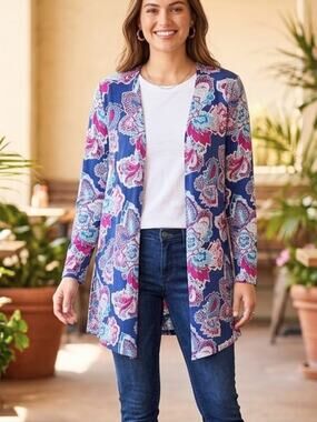 CHICO’S Blue Paisley Floral Open Front Cardigan | Lightweight Travel Layer S/4